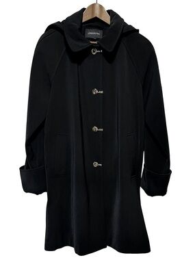 London Fog Black Fall Coat Hooded Car Coat Swing Toggle Trench Jacket L